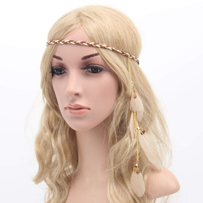 WLBON Feather Headband Hippie Indian Boho Hair Bands Tassel Bohemian Halloween Hair Hoop Women Crown Hairband Party Decoration Headdress Cosplay Costume Headwear Headpiece Handmade Hair Accessories Khaki - Image 3